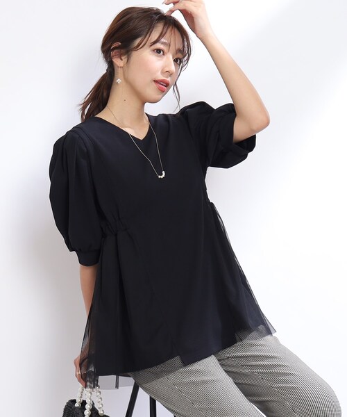 couture brooch(クチュールブローチ)の「◆【オンオフ兼用!通勤にもおすすめ。】カットソー&チュール切替チュニック(チュニック・レディース・ライトグレー/ブラック・42/38)」の6枚目の写真