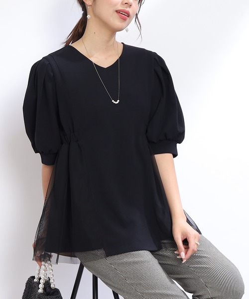 couture brooch(クチュールブローチ)の「◆【オンオフ兼用!通勤にもおすすめ。】カットソー&チュール切替チュニック(チュニック・レディース・ライトグレー/ブラック・42/38)」の7枚目の写真