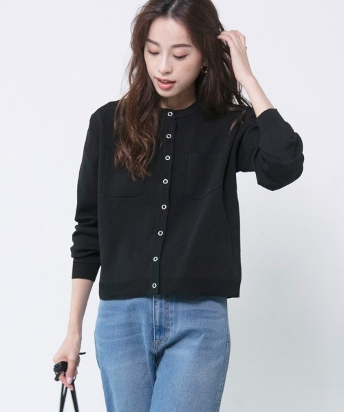 M.deux(エムドゥ)の「●ポケット付きカーディガン●(カーディガン/ボレロ・レディース・グレイッシュベージュ/ブラック/オレンジ・MEDIUM)」の2枚目の写真