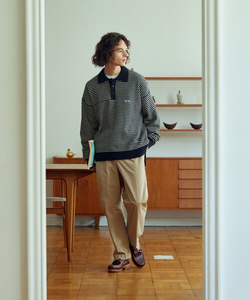 TOWNCRAFT（タウンクラフト）の「TOWN CRAFT/タウンクラフト 別注 リラックスフィット ロングスリーブ ニットポロシャツ/ポロネック/ニットポロ/ビックシルエット/ニットプルオーバー（ニット/セーター・メンズ・ホワイト/オレンジ/サックスブルー/チャコール/ベージュ/ブラック/グリーン・MEDIUM/LARGE）」の17枚目の写真