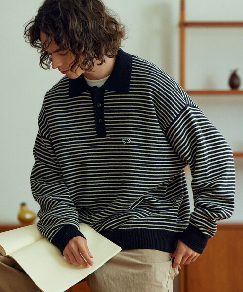 TOWNCRAFT（タウンクラフト）の「TOWN CRAFT/タウンクラフト 別注 リラックスフィット ロングスリーブ ニットポロシャツ/ポロネック/ニットポロ/ビックシルエット/ニットプルオーバー（ニット/セーター・メンズ・ホワイト/オレンジ/サックスブルー/チャコール/ベージュ/ブラック/グリーン・MEDIUM/LARGE）」の20枚目の写真