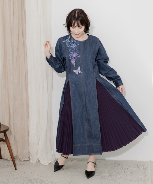 ♥iS Scolar♥ イズスカラー (M) 刺繍 プリーツ デニムジャケット is ScoLar レース、花、蝶刺繍デニムシャツジャケット - メルカリ