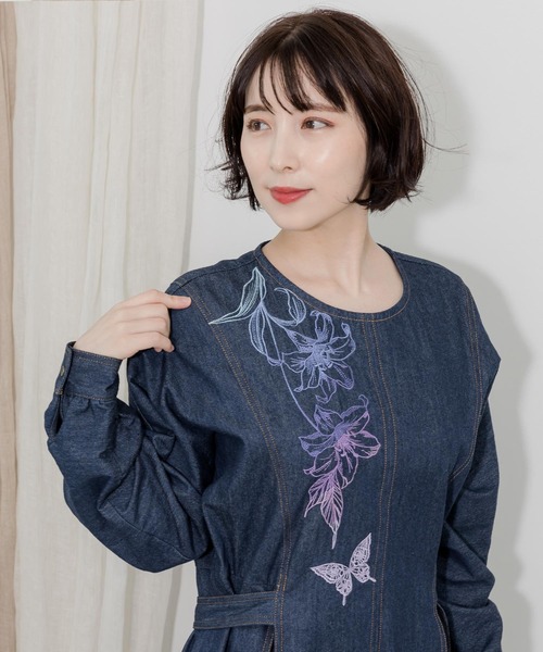 美品⁂センソユニコ⁂デニムロングワンピース　ジャンスカ　切替　ストライプ　フリル 美品⁂センソユニコ⁂デニムロングワンピース ジャンスカ 切替