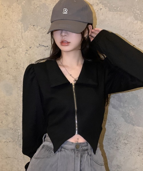 Vipoa(ヴィポア)の「ジップ襟付きショートトップス(Tシャツ/カットソー・レディース・ブラック/ホワイト・FREE)」の12枚目の写真