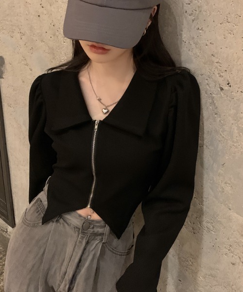 Vipoa(ヴィポア)の「ジップ襟付きショートトップス(Tシャツ/カットソー・レディース・ブラック/ホワイト・FREE)」の15枚目の写真
