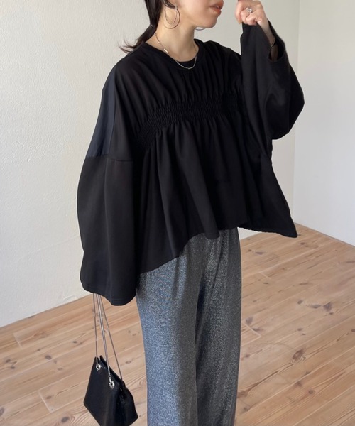 wee9s（ウィークス）の「gather docking PO / ギャザードッキングプルオーバー（Tシャツ/カットソー・レディース・ブラック/ホワイト・FREE）」の8枚目の写真