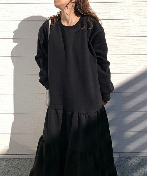 Q（キュー）の「裏起毛ティアードワンピース（ワンピース・レディース・ライトグレー/ブラック・MEDIUM）」の6枚目の写真