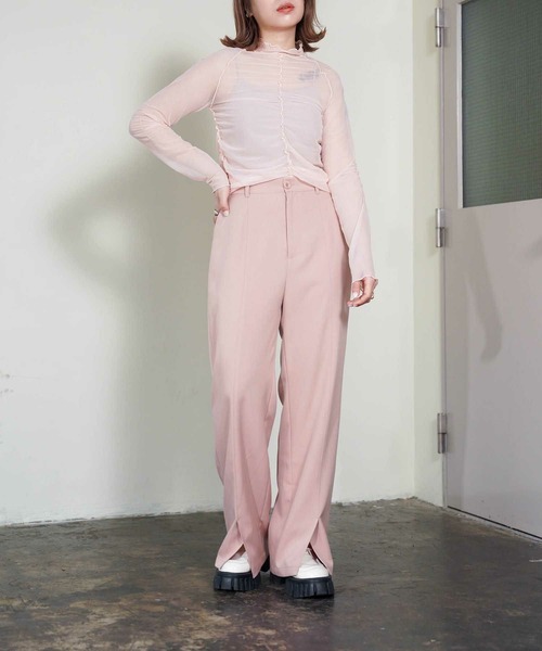 mimi toujours（ミミトゥジュール）の「フロントスリット ワイドパンツ mimi toujours×itsPeachi（その他パンツ・レディース・グレー/ピンク・M/S）」の2枚目の写真