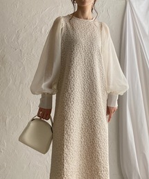 She's Closet（シーズクローゼット）の「【低身長向け/高身長向けサイズあり】異素材切り替えバックリボン長袖ふくれジャガードロングドッキングワンピース（ワンピース）」