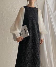 She's Closet（シーズクローゼット）の「【低身長向け/高身長向けサイズあり】異素材切り替えバックリボン長袖ふくれジャガードロングドッキングワンピース（ワンピース）」