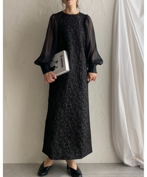 試着のみCADUNEジャガードドッキングワンピースパールロング長袖黒