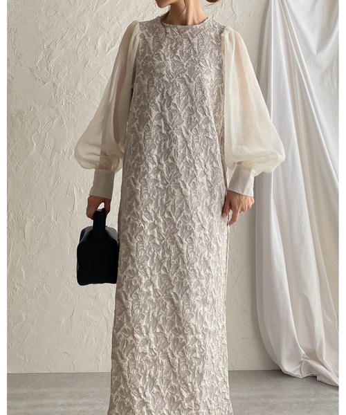 She's Closet（シーズクローゼット）の「【低身長向け/高身長向けサイズあり】異素材切り替えバックリボン長袖ふくれジャガードロングドッキングワンピース（ワンピース・レディース・ブラック/ベージュ/グレー/ブラック×ブラック/ブラック系その他2/ブラック系その他・FREE/SHORT/TALL）」の18枚目の写真