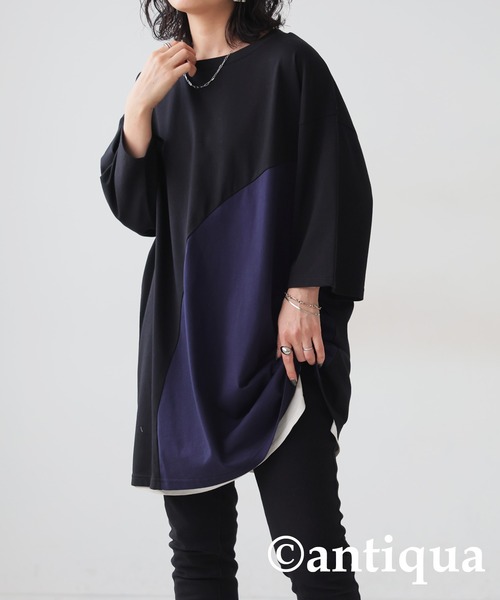 antiqua(アンティカ)の「接触冷感ウェーブ切替Tシャツ(Tシャツ/カットソー・レディース・オフホワイト/ブラック・FREE)」の2枚目の写真