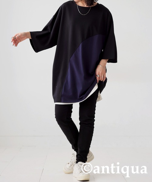 antiqua(アンティカ)の「接触冷感ウェーブ切替Tシャツ(Tシャツ/カットソー・レディース・オフホワイト/ブラック・FREE)」の4枚目の写真
