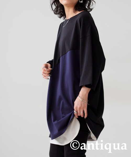 antiqua(アンティカ)の「接触冷感ウェーブ切替Tシャツ(Tシャツ/カットソー・レディース・オフホワイト/ブラック・FREE)」の5枚目の写真