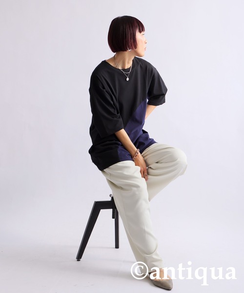 antiqua(アンティカ)の「接触冷感ウェーブ切替Tシャツ(Tシャツ/カットソー・レディース・オフホワイト/ブラック・FREE)」の9枚目の写真