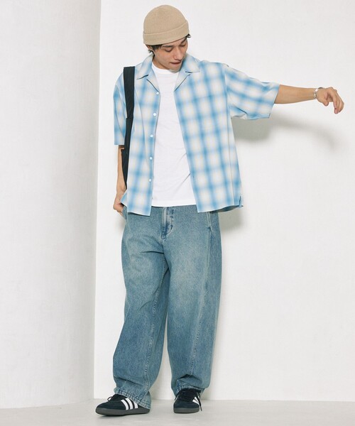 ブルー チェック ルーズ シャツトops RAGEBLUE シャツ OMBRE CHECK BIG SHIRTS / オンブレチェック