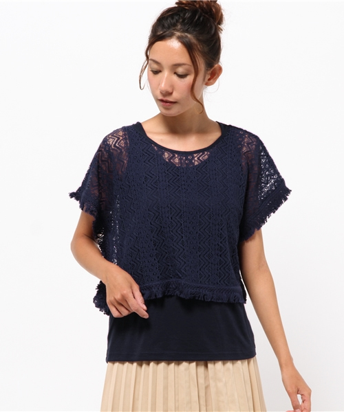OUTLET（アウトレット）の「【mystic】レースポンチョ×タンクセット（シャツ/ブラウス・レディース・ネイビー/ブラック/ホワイト/オフホワイト・FREE）」の4枚目の写真