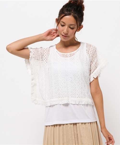 OUTLET（アウトレット）の「【mystic】レースポンチョ×タンクセット（シャツ/ブラウス・レディース・ネイビー/ブラック/ホワイト/オフホワイト・FREE）」の2枚目の写真