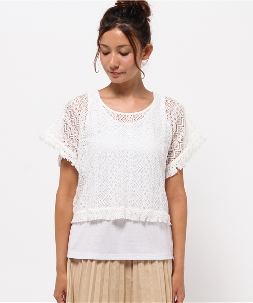 OUTLET（アウトレット）の「【mystic】レースポンチョ×タンクセット（シャツ/ブラウス・レディース・ネイビー/ブラック/ホワイト/オフホワイト・FREE）」の9枚目の写真
