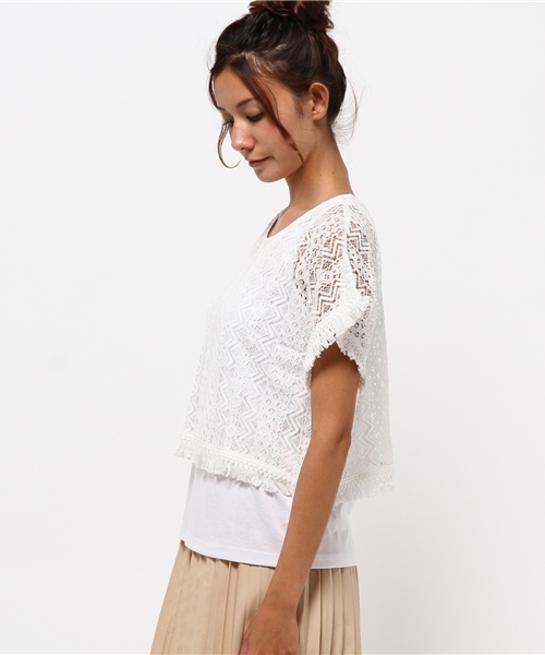 OUTLET（アウトレット）の「【mystic】レースポンチョ×タンクセット（シャツ/ブラウス・レディース・ネイビー/ブラック/ホワイト/オフホワイト・FREE）」の10枚目の写真
