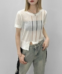 【jiasecond.】アシメダメージクロップドニット / トップス ニット ダメージ メッシュ クロップド ショート アシンメトリー レイヤード クラッシュ グレー ホワイト