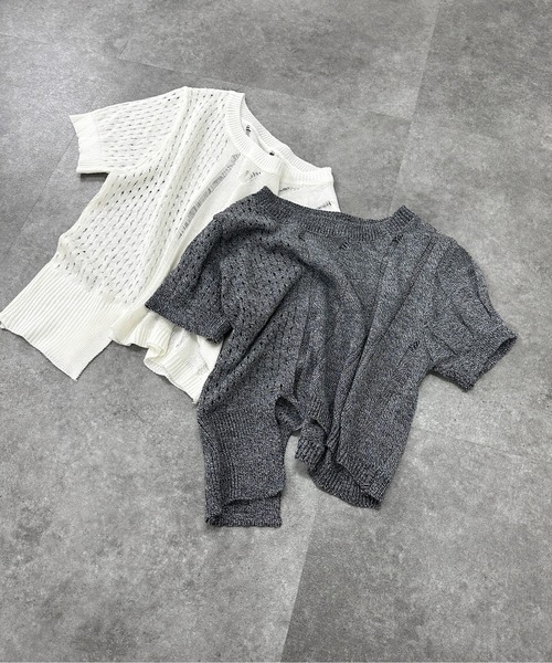 jiasecond.（ジアセカンド）の「【jiasecond.】アシメダメージクロップドニット / トップス ニット ダメージ メッシュ クロップド ショート アシンメトリー レイヤード クラッシュ グレー ホワイト（ニット/セーター・レディース・ホワイト/グレー・FREE）」の22枚目の写真