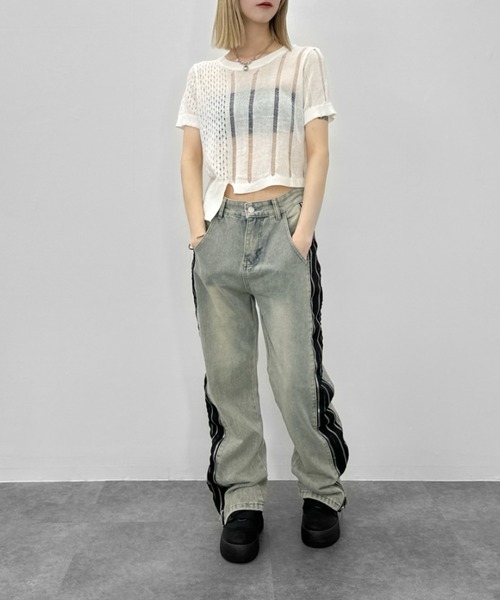 jiasecond.（ジアセカンド）の「【jiasecond.】アシメダメージクロップドニット / トップス ニット ダメージ メッシュ クロップド ショート アシンメトリー レイヤード クラッシュ グレー ホワイト（ニット/セーター・レディース・ホワイト/グレー・FREE）」の13枚目の写真