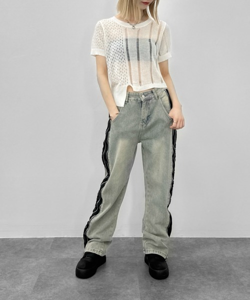 jiasecond.（ジアセカンド）の「【jiasecond.】アシメダメージクロップドニット / トップス ニット ダメージ メッシュ クロップド ショート アシンメトリー レイヤード クラッシュ グレー ホワイト（ニット/セーター・レディース・ホワイト/グレー・FREE）」の14枚目の写真