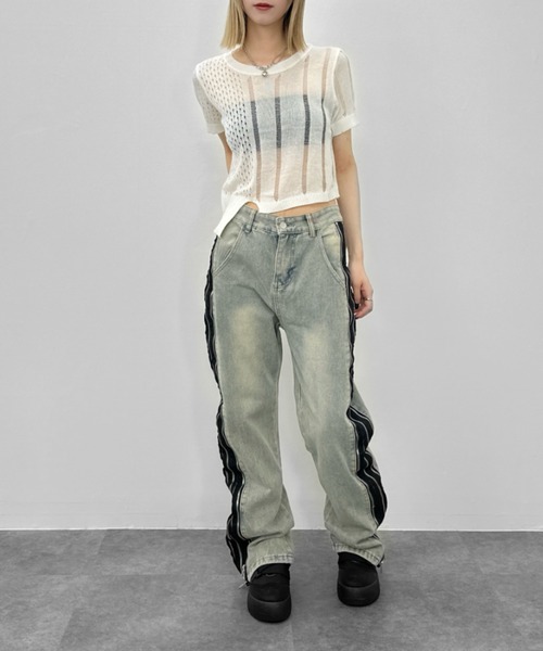 jiasecond.（ジアセカンド）の「【jiasecond.】アシメダメージクロップドニット / トップス ニット ダメージ メッシュ クロップド ショート アシンメトリー レイヤード クラッシュ グレー ホワイト（ニット/セーター・レディース・ホワイト/グレー・FREE）」の15枚目の写真