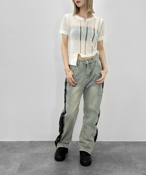 jiasecond.（ジアセカンド）の「【jiasecond.】アシメダメージクロップドニット / トップス ニット ダメージ メッシュ クロップド ショート アシンメトリー レイヤード クラッシュ グレー ホワイト（ニット/セーター・レディース・ホワイト/グレー・FREE）」の16枚目の写真