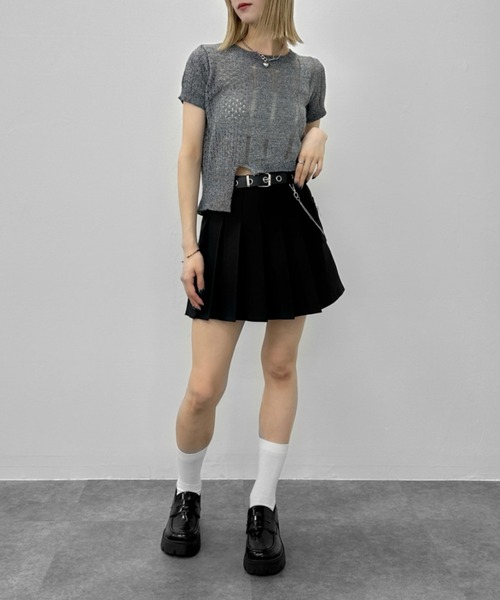jiasecond.（ジアセカンド）の「【jiasecond.】アシメダメージクロップドニット / トップス ニット ダメージ メッシュ クロップド ショート アシンメトリー レイヤード クラッシュ グレー ホワイト（ニット/セーター・レディース・ホワイト/グレー・FREE）」の6枚目の写真