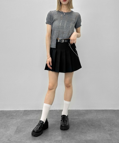 jiasecond.（ジアセカンド）の「【jiasecond.】アシメダメージクロップドニット / トップス ニット ダメージ メッシュ クロップド ショート アシンメトリー レイヤード クラッシュ グレー ホワイト（ニット/セーター・レディース・ホワイト/グレー・FREE）」の4枚目の写真