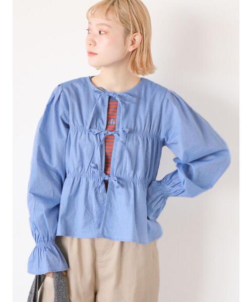 ehka sopo(エヘカソポ)の「シャンブレーシャーリングブラウス(シャツ/ブラウス・レディース・ブルー/オフホワイト/ブラック/ネイビー・F)」の1枚目の写真