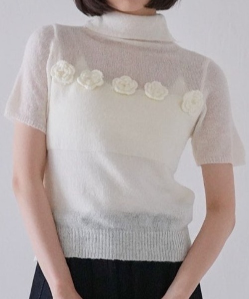 薄紫 花モチーフ 半袖ニット ワンフォークロージング 1111clothing ◇フラワーモチーフ