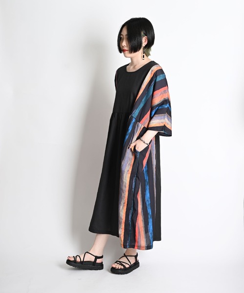 ストライプ葉柄七分袖ワンピース ストライプ柄 七分袖 ロングワンピース（ワンピース）｜MARAI