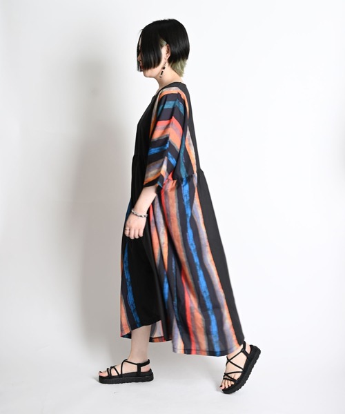 セール】ストライプ柄 七分袖 ロングワンピース（ワンピース