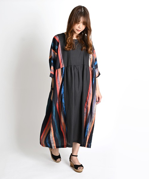 セール】ストライプ柄 七分袖 ロングワンピース（ワンピース）｜MARAI