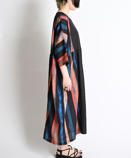 セール】ストライプ柄 七分袖 ロングワンピース（ワンピース）｜MARAI