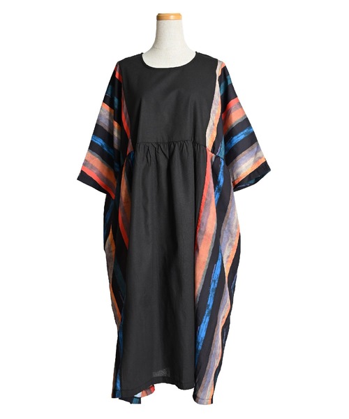 ストライプ葉柄七分袖ワンピース セール】ストライプ柄 七分袖 ロングワンピース（ワンピース