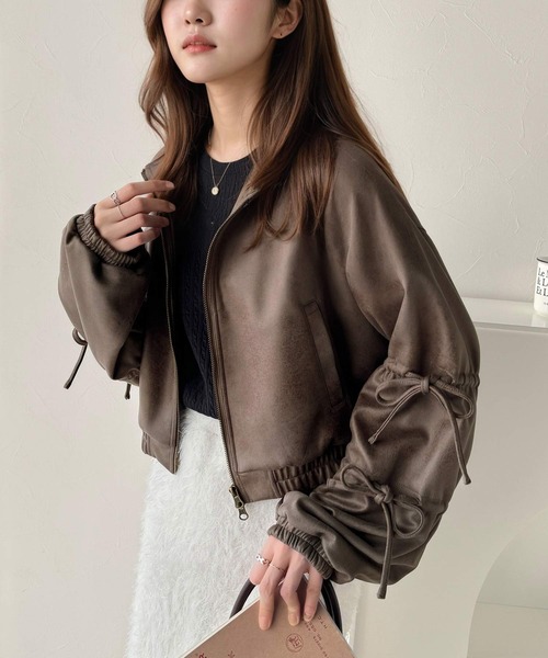 mily bilet（ミウィビレット）の「【mily bilet】ヴィンテージ感漂う。スウェードライク素材リボンデザインダブルジップブルゾンジャケット（ブルゾン・レディース・ブラック/モカ・X-LARGE/SMALL/MEDIUM/LARGE）」の10枚目の写真