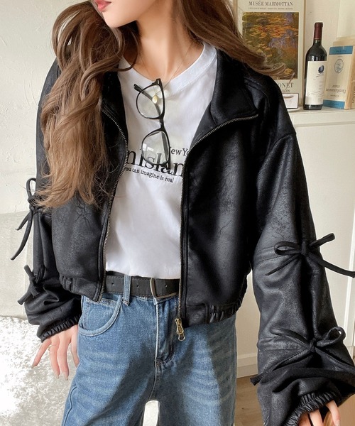 mily bilet（ミウィビレット）の「【mily bilet】ヴィンテージ感漂う。スウェードライク素材リボンデザインダブルジップブルゾンジャケット（ブルゾン・レディース・ブラック/モカ・X-LARGE/SMALL/MEDIUM/LARGE）」の19枚目の写真