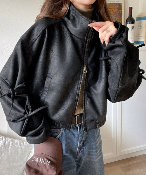 mily bilet（ミウィビレット）の「【mily bilet】ヴィンテージ感漂う。スウェードライク素材リボンデザインダブルジップブルゾンジャケット（ブルゾン・レディース・ブラック/モカ・X-LARGE/SMALL/MEDIUM/LARGE）」の15枚目の写真