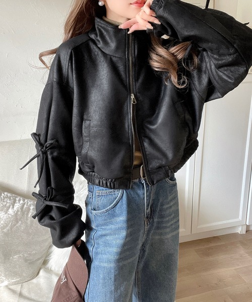 mily bilet（ミウィビレット）の「【mily bilet】ヴィンテージ感漂う。スウェードライク素材リボンデザインダブルジップブルゾンジャケット（ブルゾン・レディース・ブラック/モカ・X-LARGE/SMALL/MEDIUM/LARGE）」の14枚目の写真