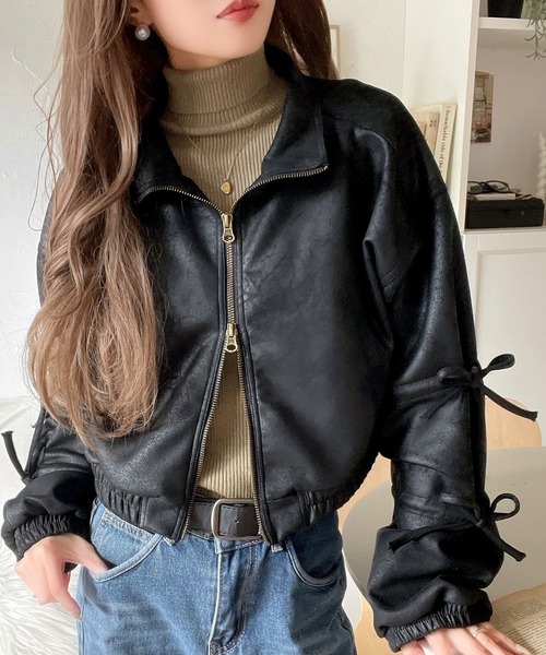 mily bilet（ミウィビレット）の「【mily bilet】ヴィンテージ感漂う。スウェードライク素材リボンデザインダブルジップブルゾンジャケット（ブルゾン・レディース・ブラック/モカ・X-LARGE/SMALL/MEDIUM/LARGE）」の13枚目の写真