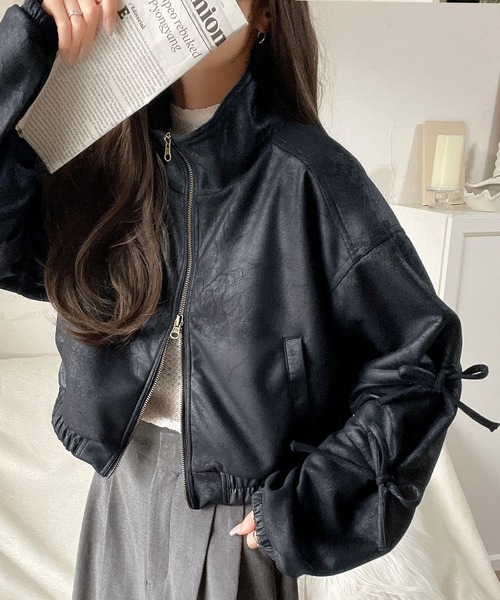 mily bilet（ミウィビレット）の「【mily bilet】ヴィンテージ感漂う。スウェードライク素材リボンデザインダブルジップブルゾンジャケット（ブルゾン・レディース・ブラック/モカ・X-LARGE/SMALL/MEDIUM/LARGE）」の20枚目の写真