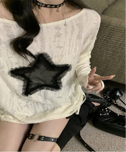 NANEA(ナネア)の「スターモチーフ サイドシャーリングダメージシアーロングTシャツ(Tシャツ/カットソー・レディース・ブラック/ホワイト・MEDIUM/LARGE/SMALL)」の20枚目の写真