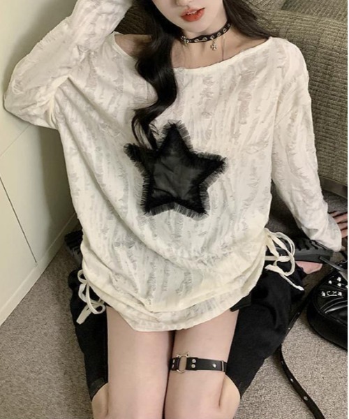 NANEA(ナネア)の「スターモチーフ サイドシャーリングダメージシアーロングTシャツ(Tシャツ/カットソー・レディース・ブラック/ホワイト・MEDIUM/LARGE/SMALL)」の17枚目の写真