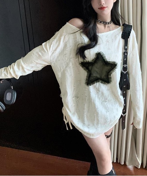 NANEA(ナネア)の「スターモチーフ サイドシャーリングダメージシアーロングTシャツ(Tシャツ/カットソー・レディース・ブラック/ホワイト・MEDIUM/LARGE/SMALL)」の18枚目の写真
