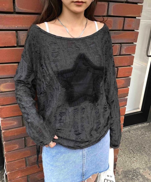 NANEA(ナネア)の「スターモチーフ サイドシャーリングダメージシアーロングTシャツ(Tシャツ/カットソー・レディース・ブラック/ホワイト・MEDIUM/LARGE/SMALL)」の12枚目の写真